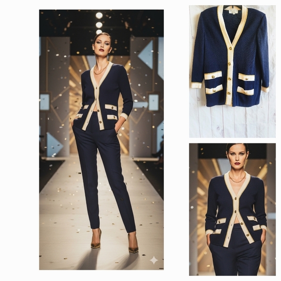 St. John Navy and Cream Cardigan
